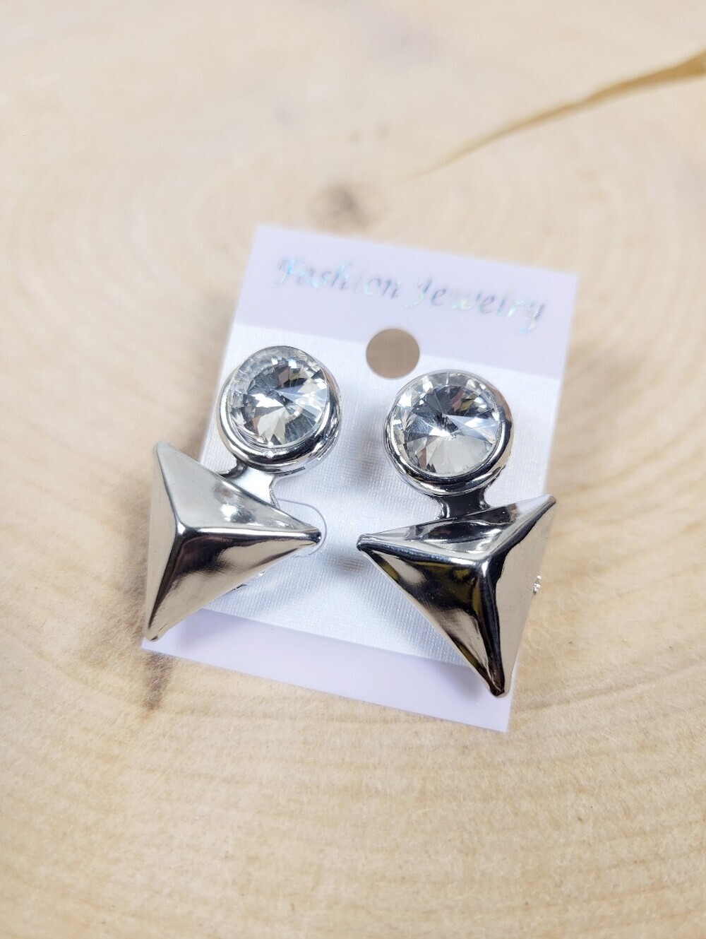 Brand New Silver Tone Triangle Clear Stone Stud Earrings